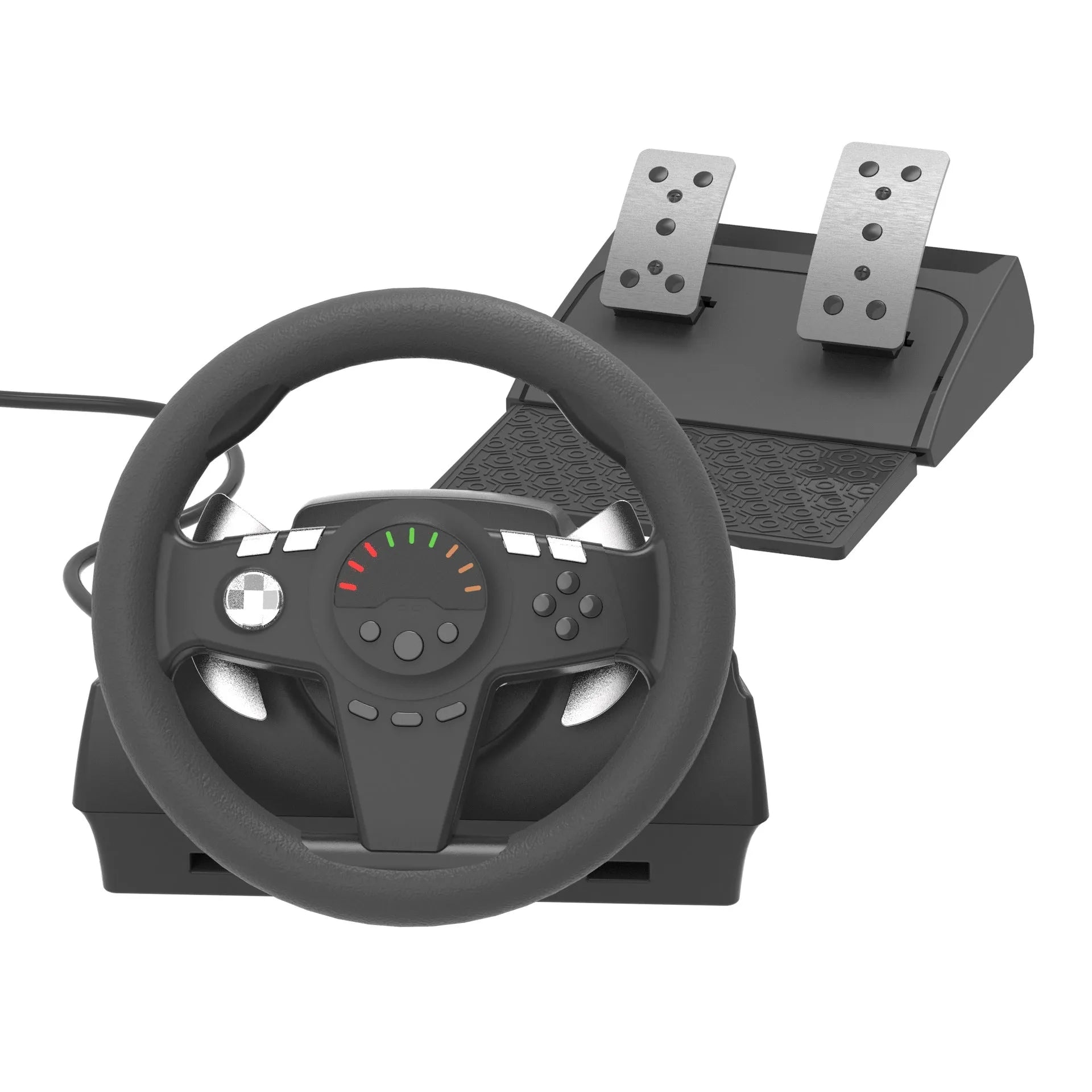 Black multi-platform USB racing wheel with two pedals and a manual bracket for PC and console gaming.