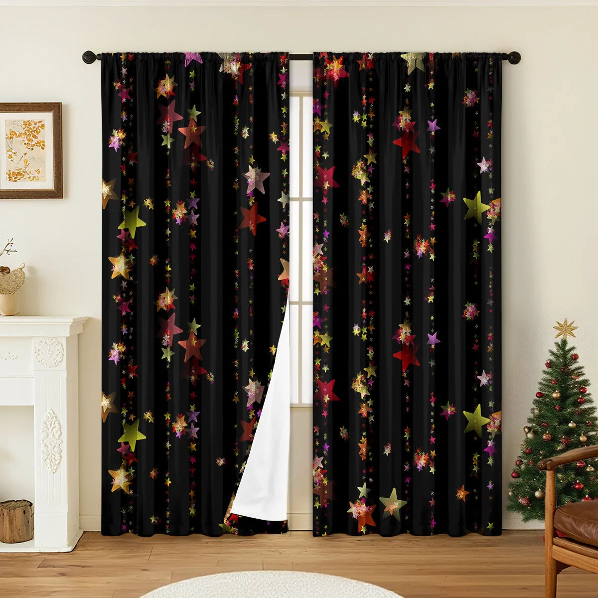 Set of two 3D digitally printed Christmas curtains with festive patterns
