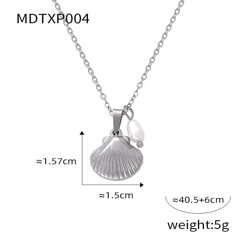 Women's titanium steel freshwater pearl necklace with vintage French shell pendant on O-shaped chain