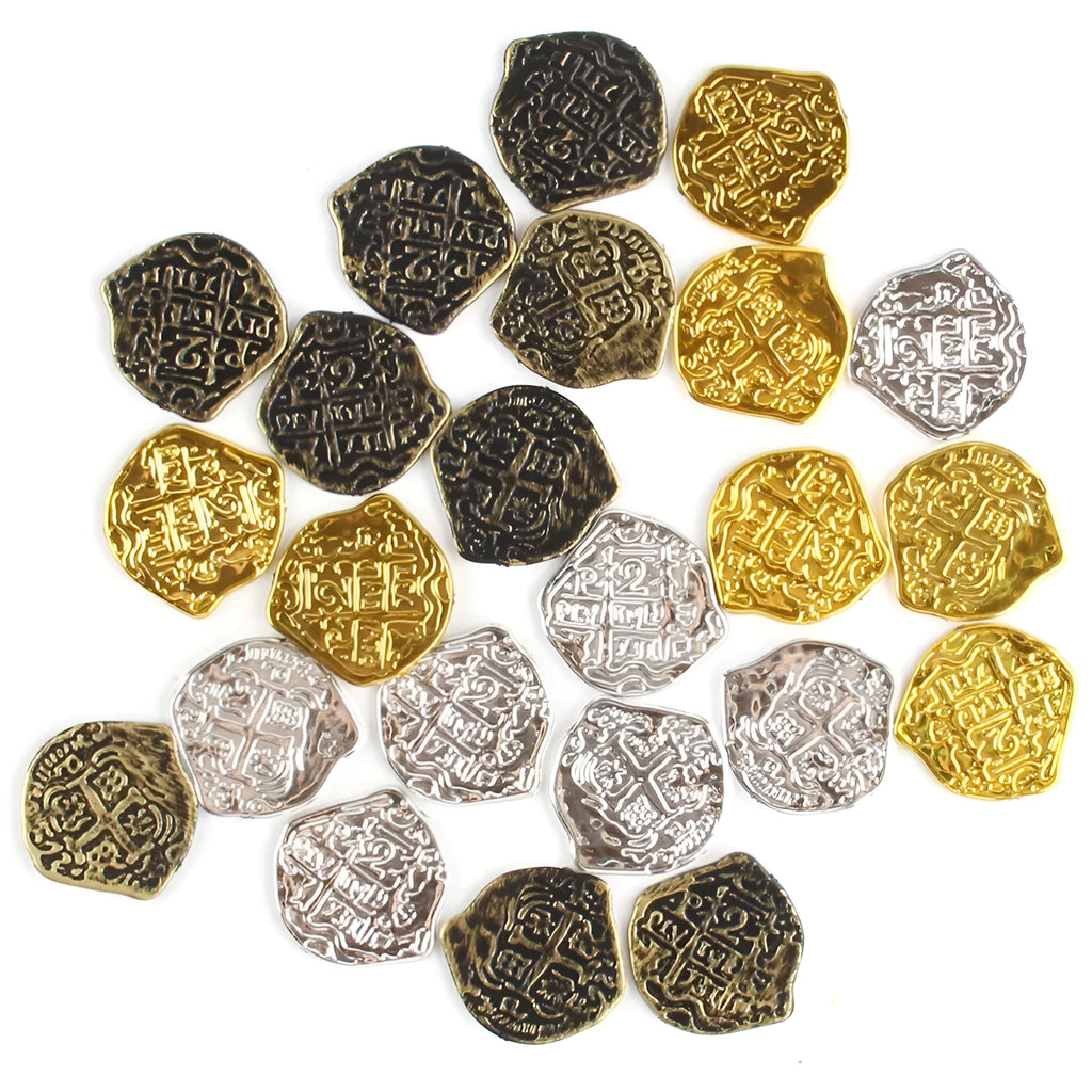 100 replica Roman pirate coins in gold, silver, and bronze finishes displayed together