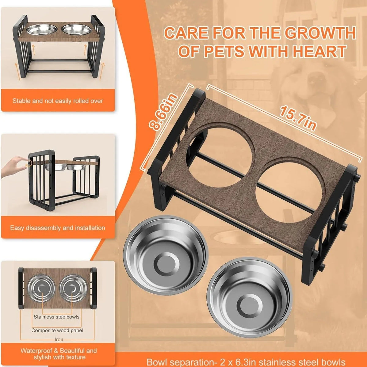 Black wooden dog bowl stand bracket on a floor holding a bowl