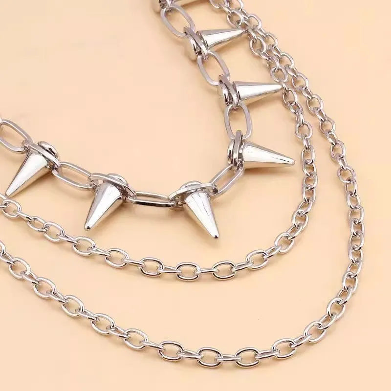 Silver metal punk chain with double layers, rivets, and a zipper decoration, shown at 115cm length.