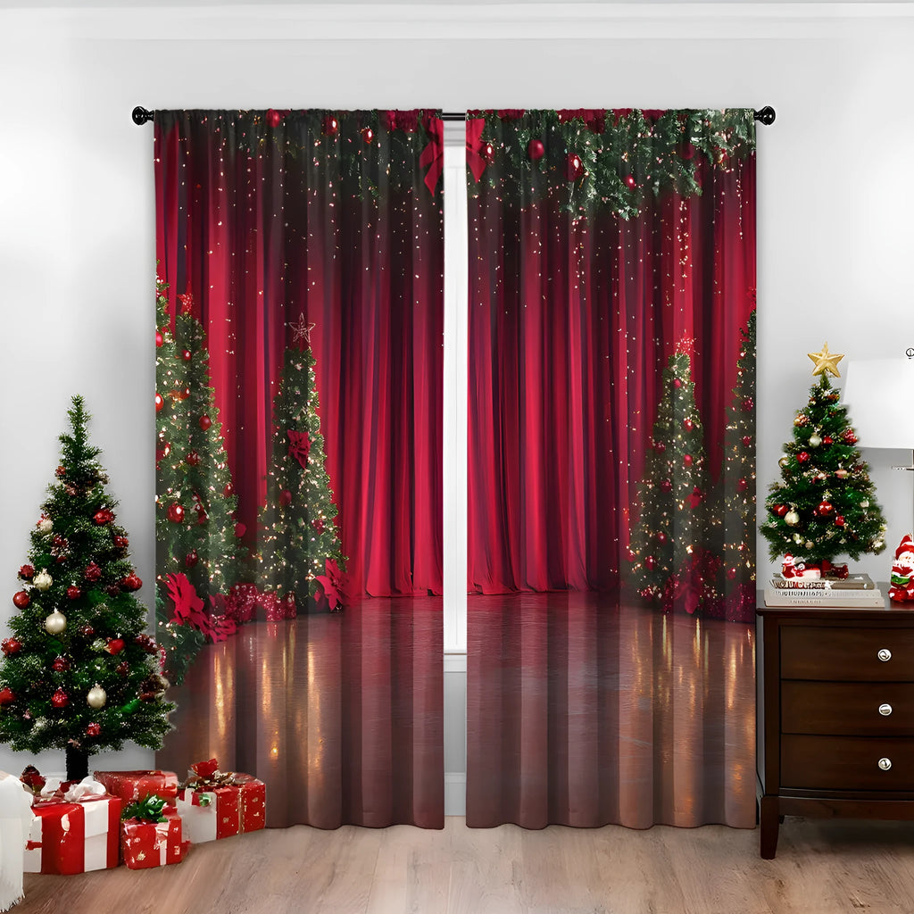Set of two 3D digitally printed Christmas curtains with festive patterns