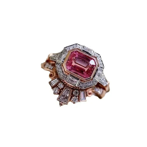 Women's geometric ring with rose gold finish and ruby accents, retro European and American style