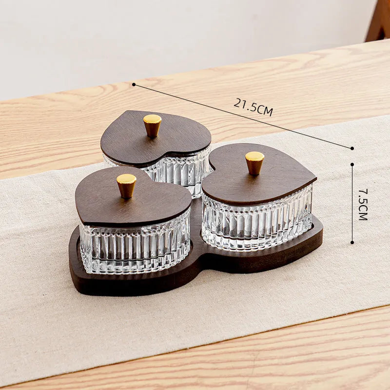 Glass snack serving tray with transparent heart-shaped lid in retro style, shown in 2-grid, 3-grid, 4-grid, and 5-grid options.