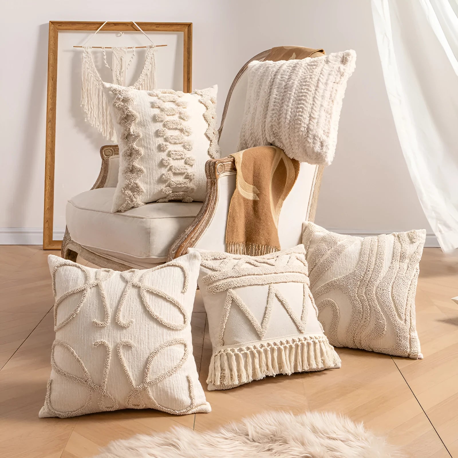 Knitted tassel pillow cover with striped pattern and bow design on home sofa