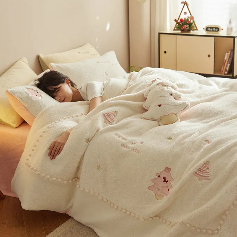 Winter milk fibre four-piece bedding set with green Christmas tree pattern and princess style design