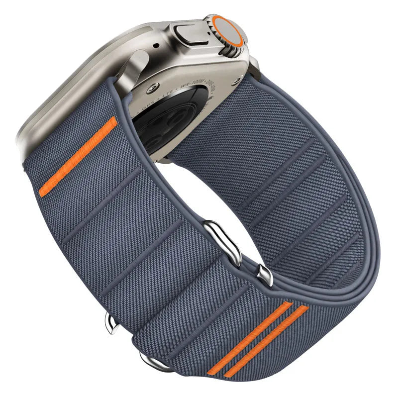 Elastic nylon Apple Watch band with stainless steel buckle in multiple colour options.