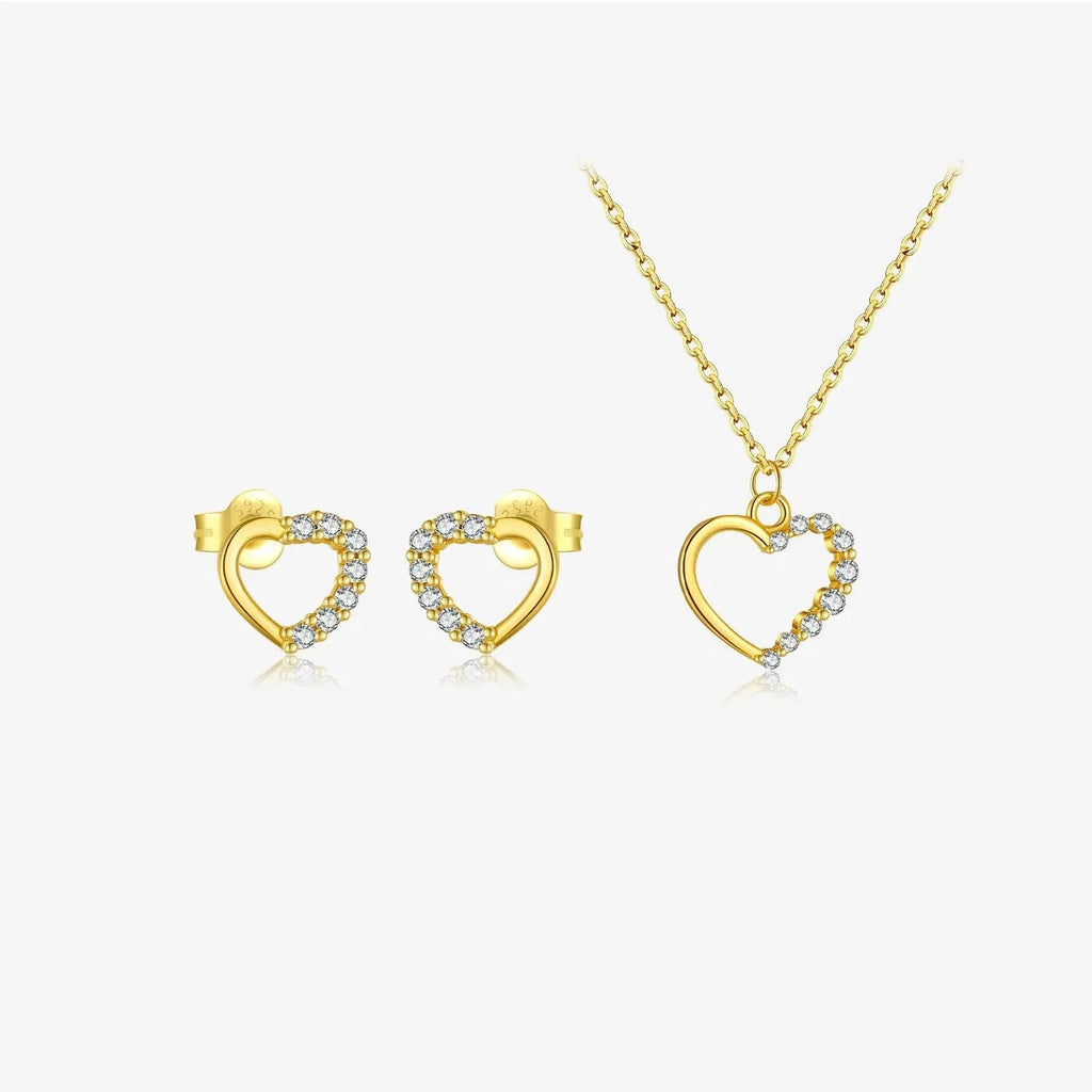 S925 sterling silver hollow heart and circle pendant necklace on a regular chain, shown in two colour finishes.