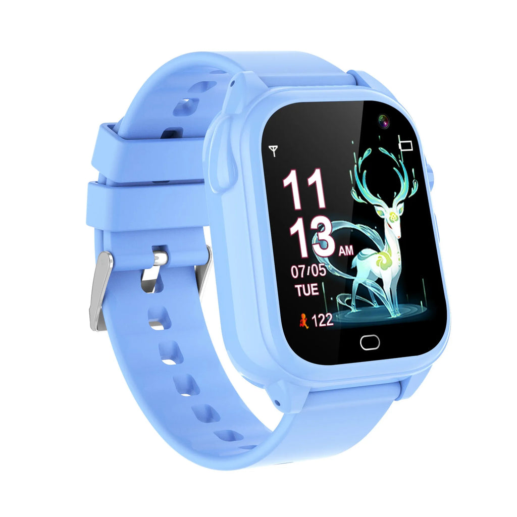 Children's waterproof smart watch with 1.4 inch screen, plastic body, USB charging, in black, pink, blue or purple.