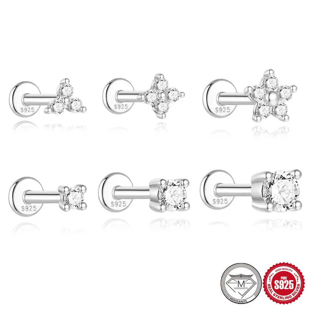 S925 Sterling Silver petal diamond stud earrings in platinum colour with geometric shapes including nose ring, triangle, and floral designs.