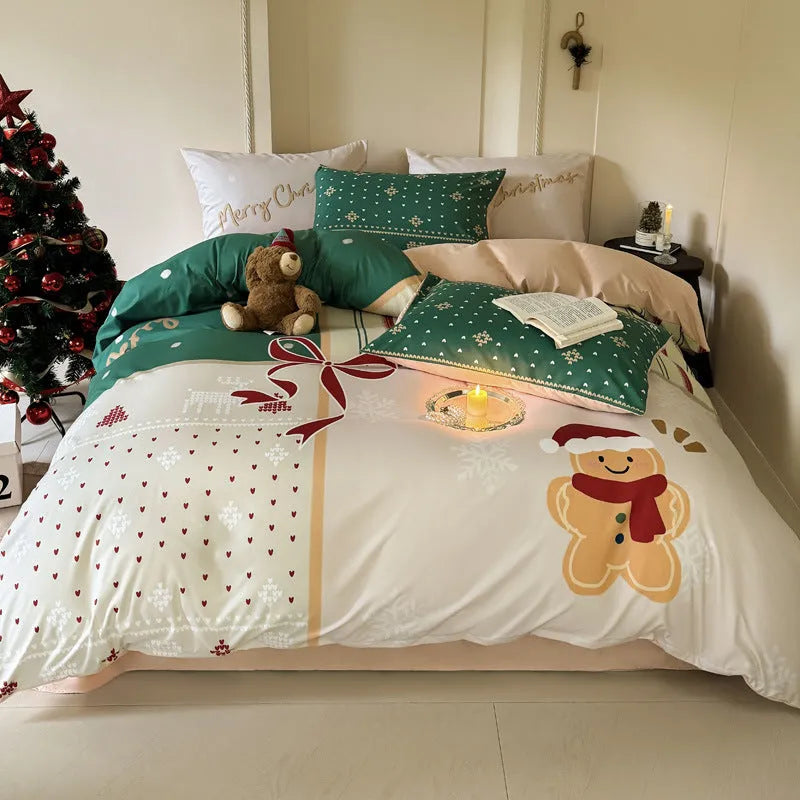Christmas style super soft washed cotton printed four-piece bedding set with cartoon digital print patterns