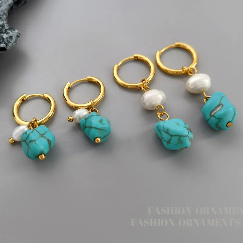 Geometric copper earrings with cultured pearls and irregular turquoise accents in European and American style