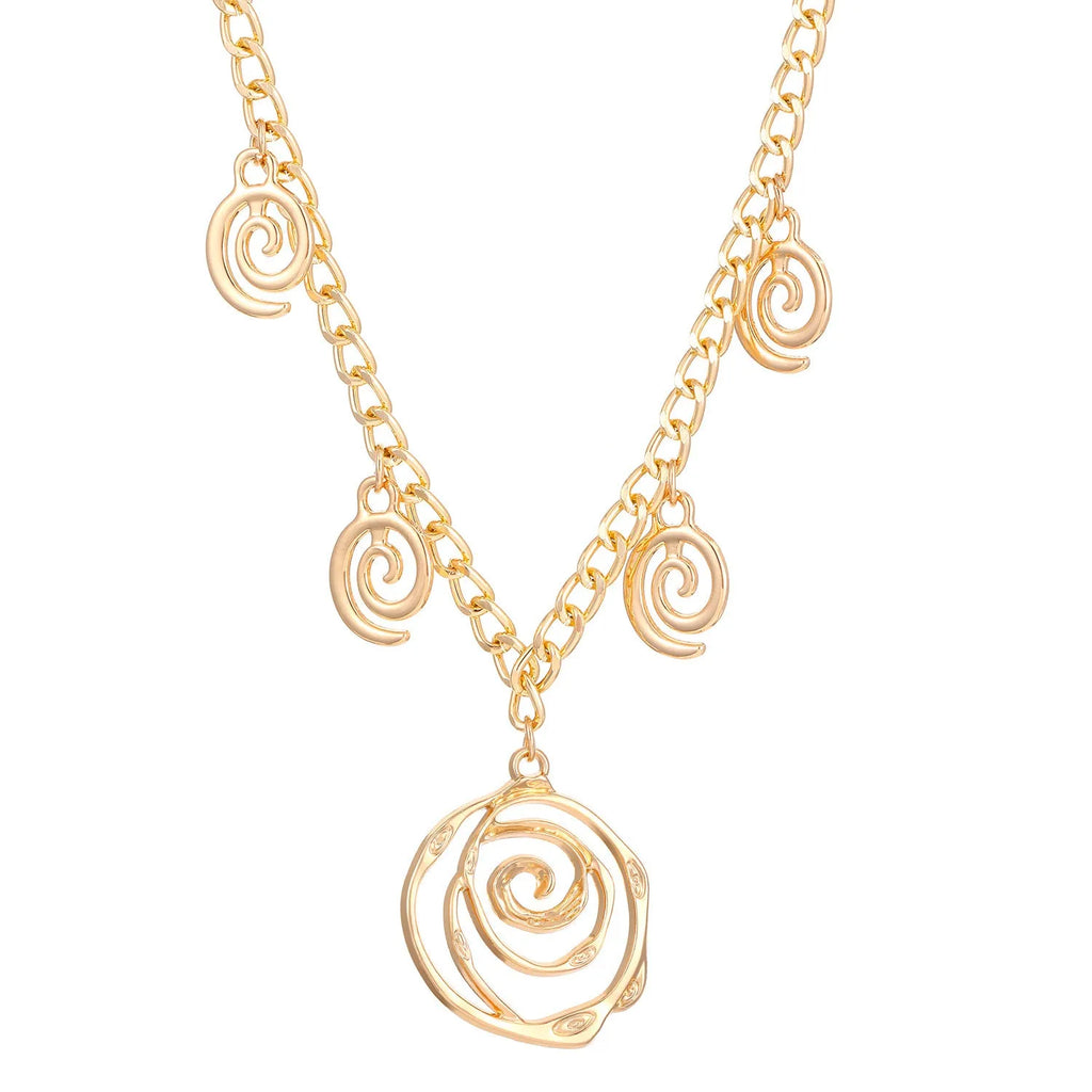 Gold or silver electroplated alloy jewellery set with spiral donut geometric shapes including necklace bracelet and ear hooks