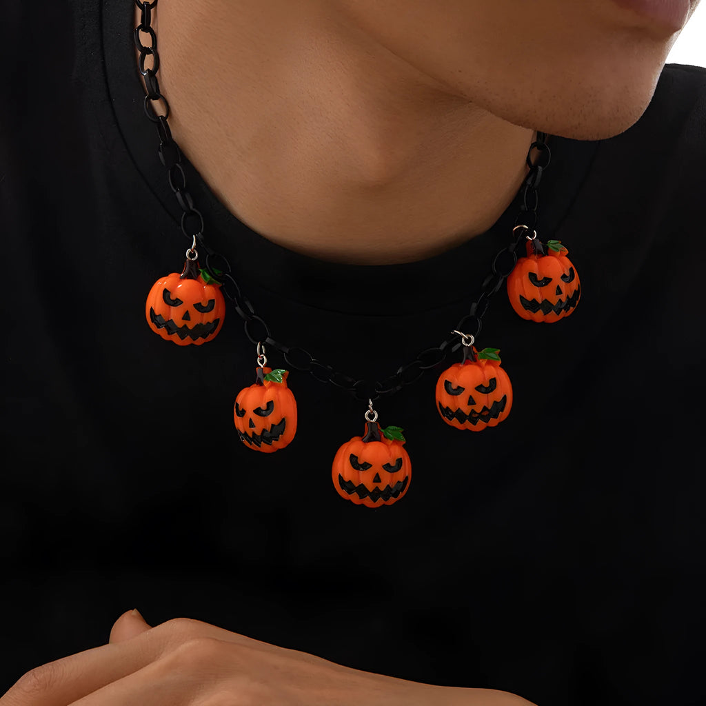 Mixed colour cartoon ghost and pumpkin acrylic pendant on a chain for Halloween.