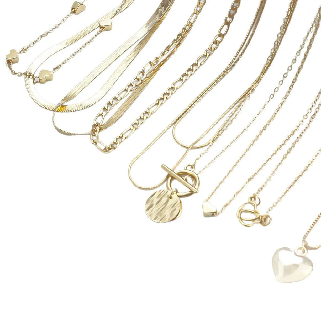Gold electroplated women's necklace set with 10 jewellery ornaments on snake bone chain