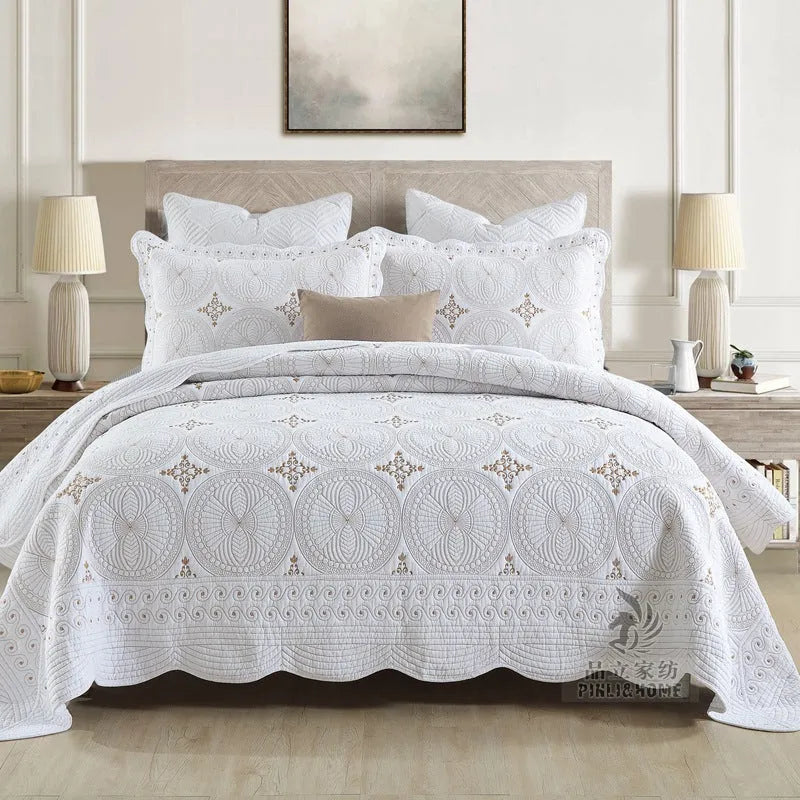 Double-thick pure cotton bed cover set with European-style embroidery for 1.8 metre beds