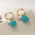 Geometric copper earrings with cultured pearls and irregular turquoise accents in European and American style