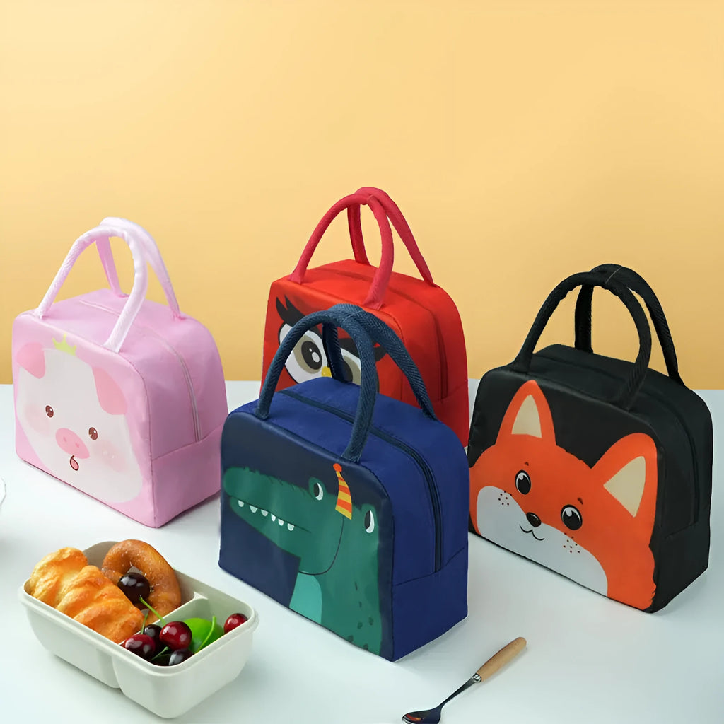 Cartoon insulated lunch box bag for children in multiple colour options with aluminium foil lining.