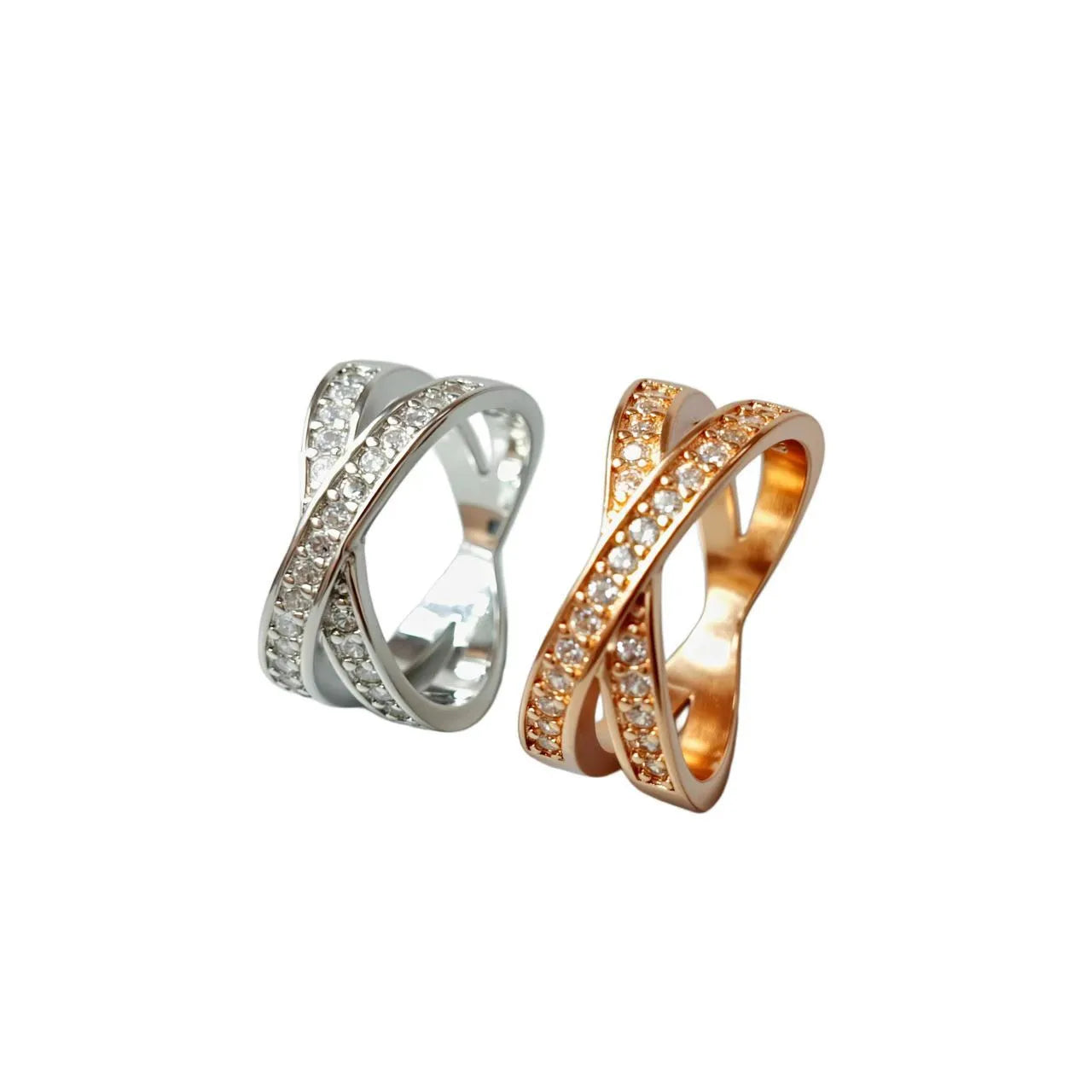 Metal cross ring with micro-inlaid zircon detailing in silver or rose gold plating