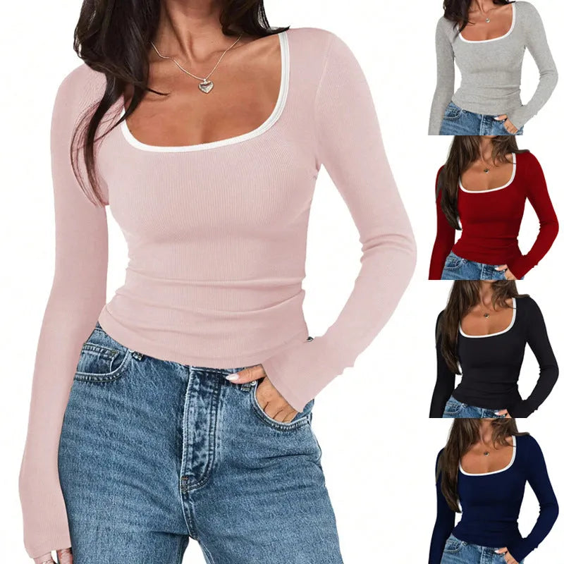 Women's slim fit square collar cotton pullover top in solid colours.