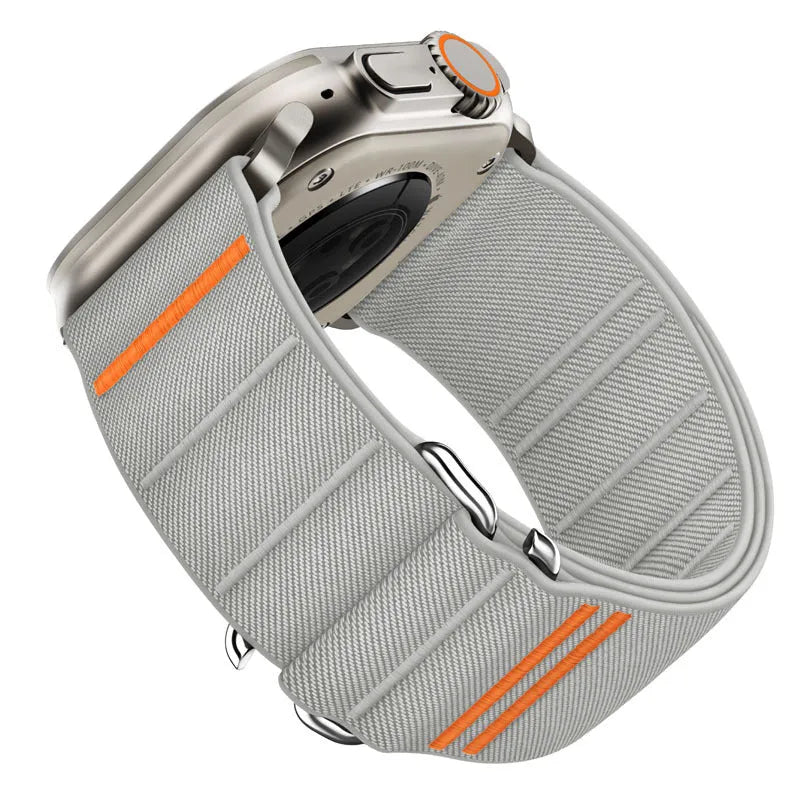 Elastic nylon Apple Watch band with stainless steel buckle in multiple colour options.