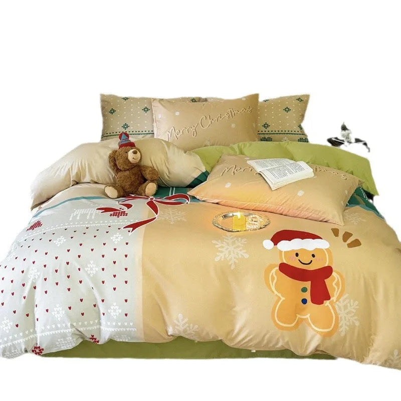 Christmas style super soft washed cotton printed four-piece bedding set with cartoon digital print patterns