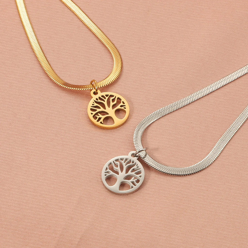 Stainless steel lucky tree necklace with titanium steel pendant on snake bones chain