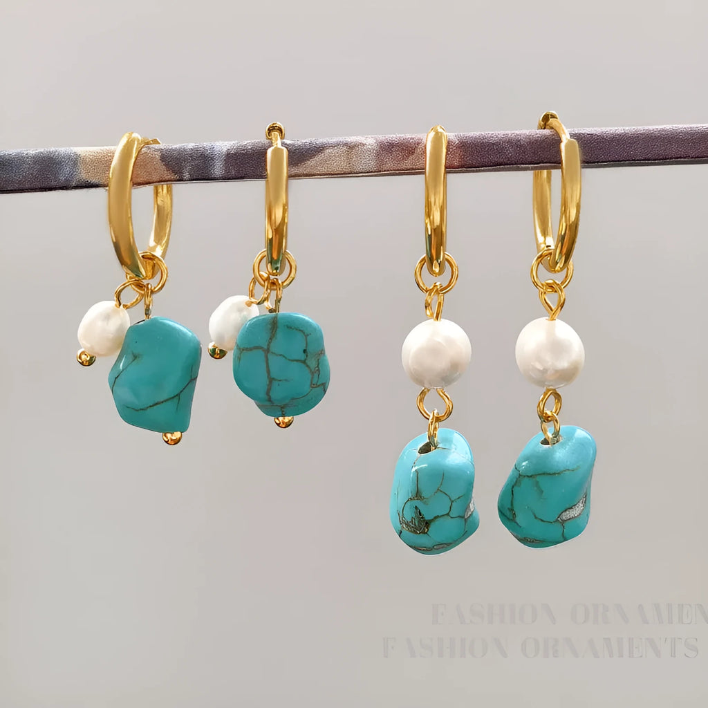 Geometric copper earrings with cultured pearls and irregular turquoise accents in European and American style