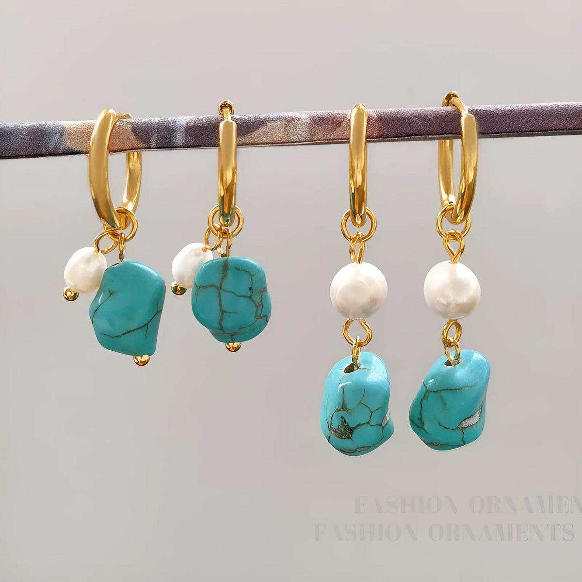 Geometric copper earrings with cultured pearls and irregular turquoise accents in European and American style