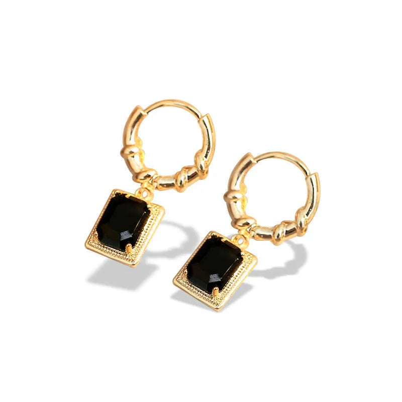 Copper geometric earrings with quadrilateral design in black zircon French court drop style