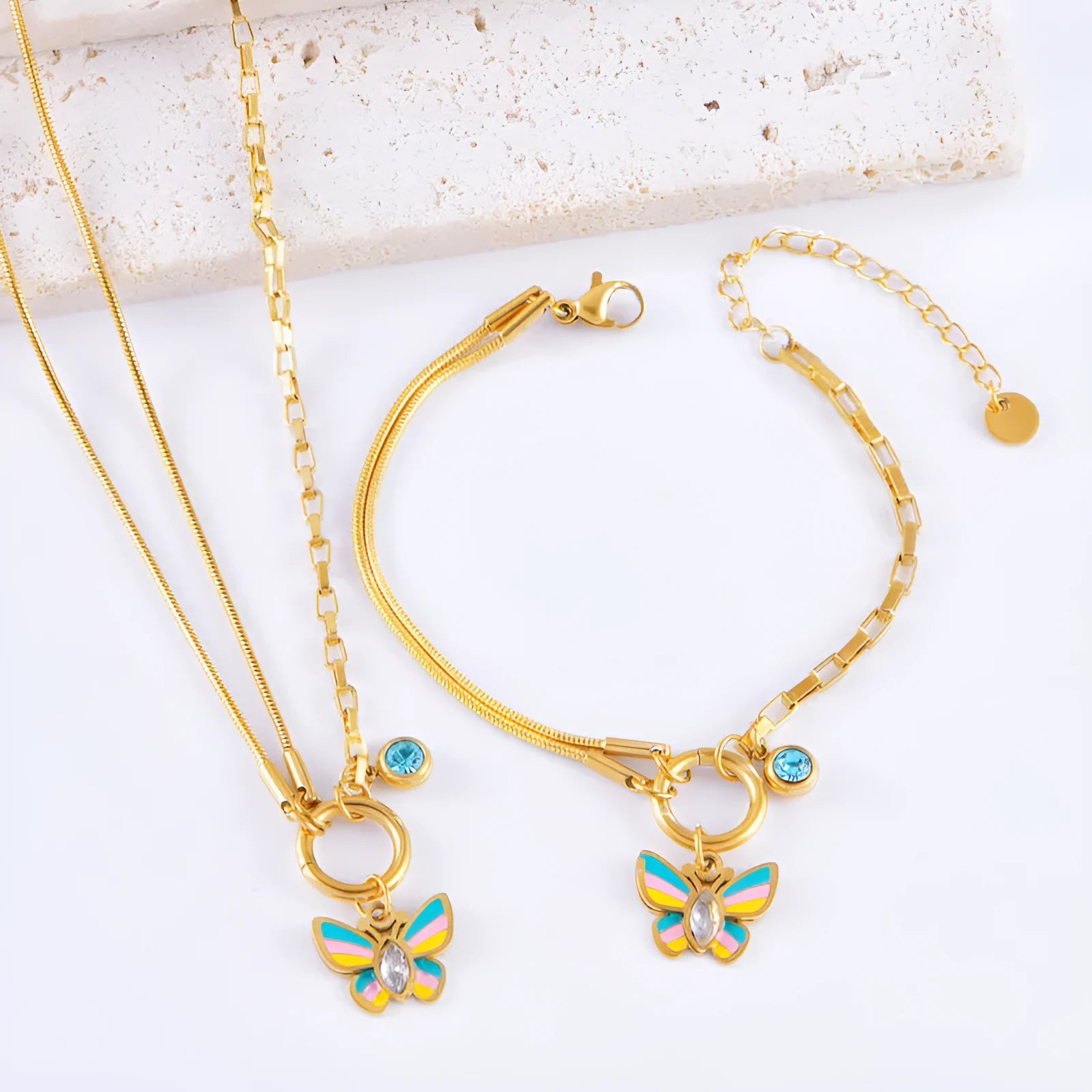 Gold titanium steel butterfly necklace and bracelet set with snake bone chain for women
