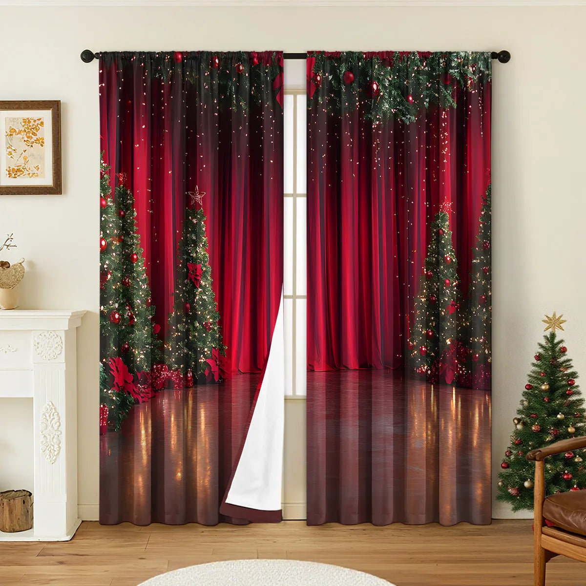 Set of two 3D digitally printed Christmas curtains with festive patterns