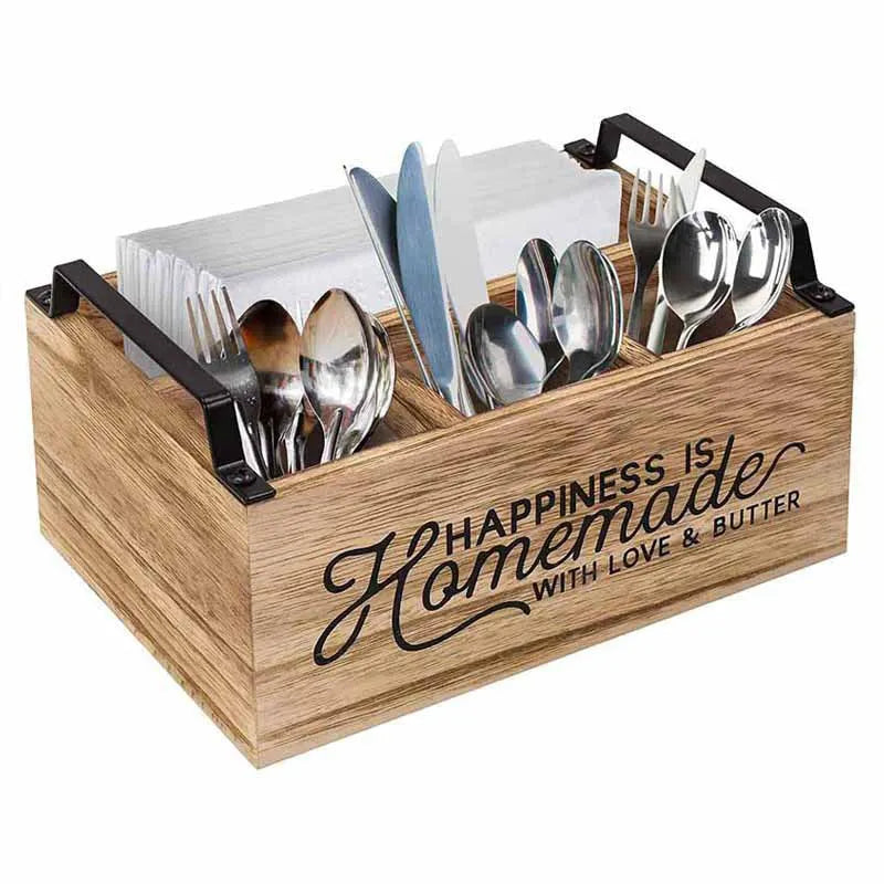 Wooden kitchen storage box with grid compartments for organising cutlery and tableware