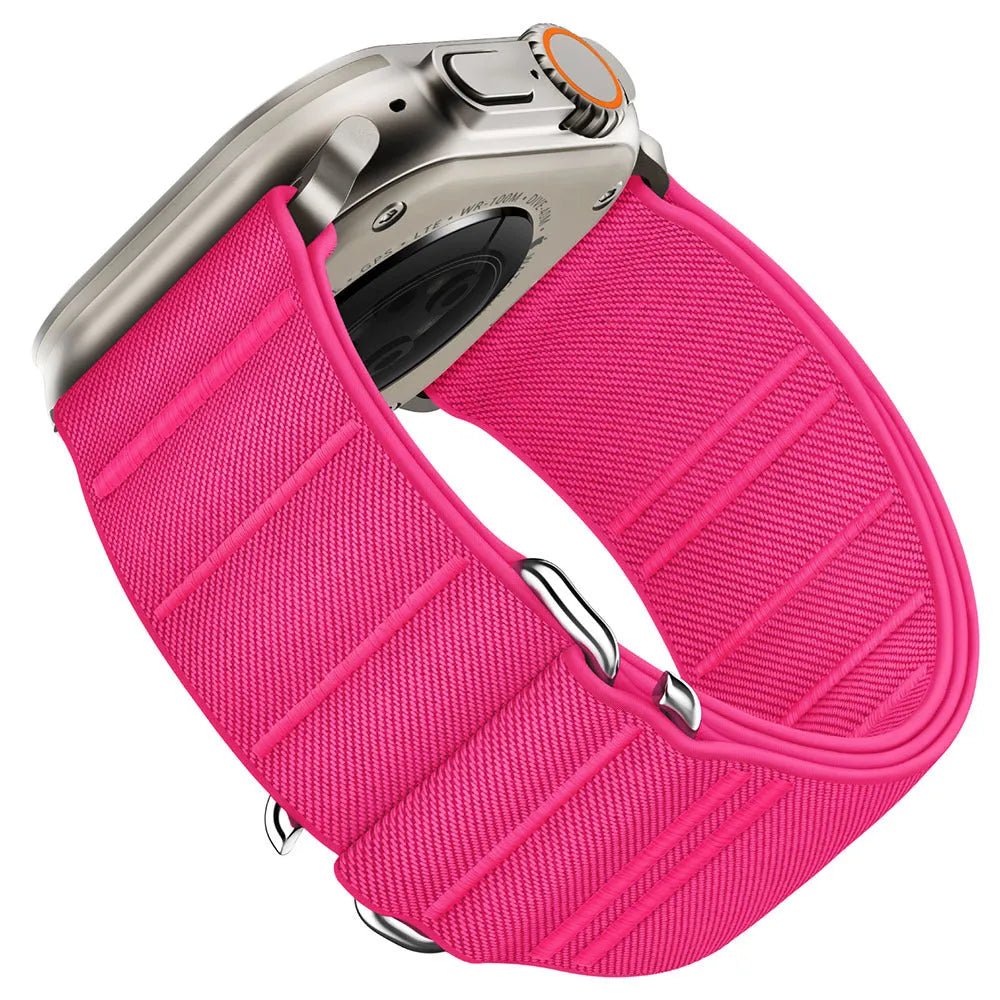 Elastic nylon Apple Watch band with stainless steel buckle in multiple colour options.