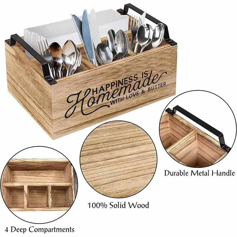 Wooden kitchen storage box with grid compartments for organising cutlery and tableware