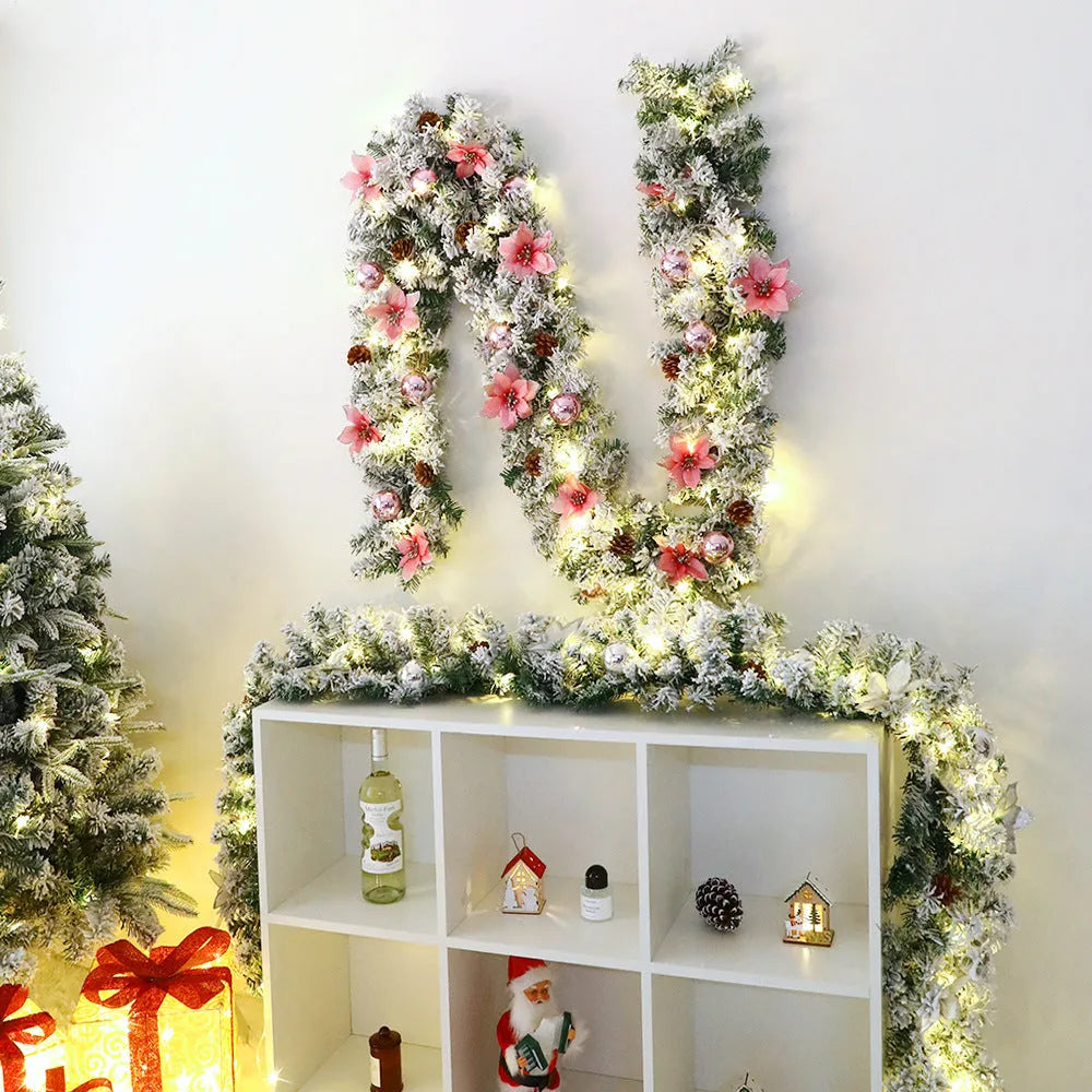 Christmas rattan garland with flocking decoration in multiple colour options
