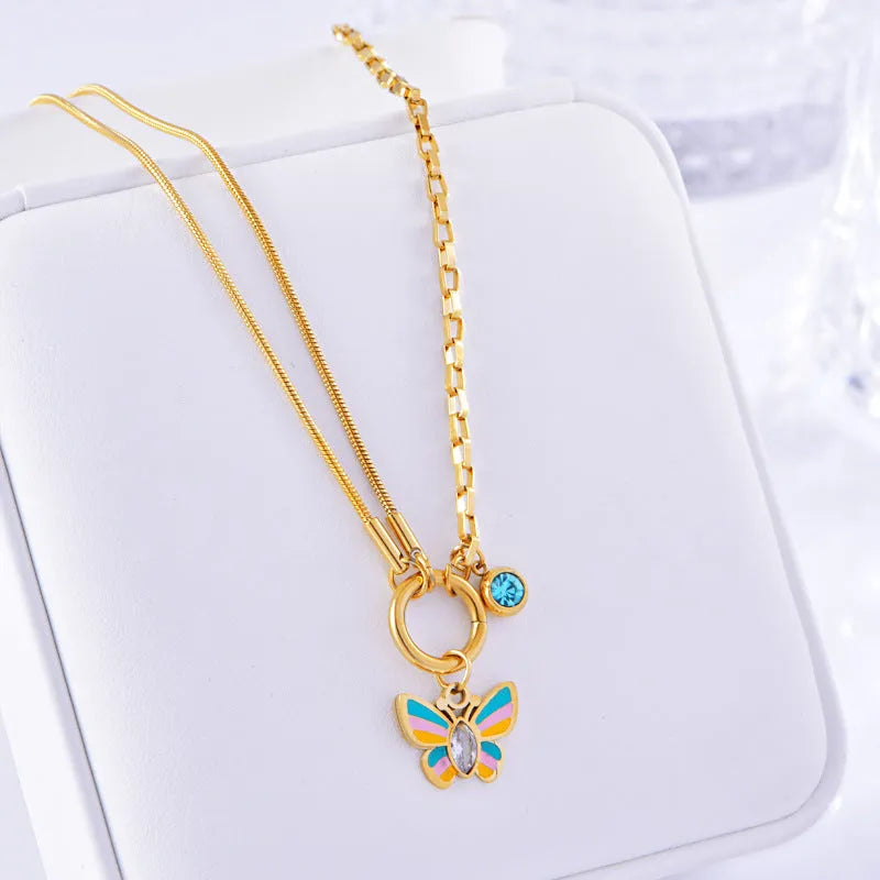 Gold titanium steel butterfly necklace and bracelet set with snake bone chain for women