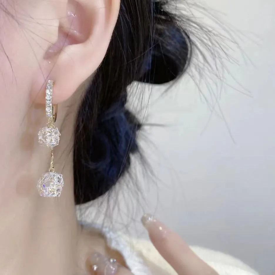 Silver women's drop earrings with tassel ball and rhinestone ball confession balloon design