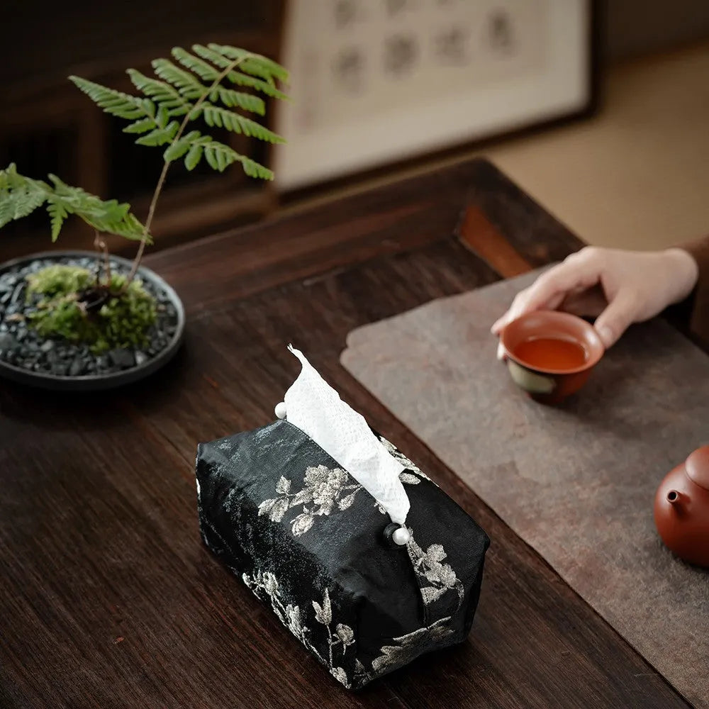 New Chinese style brocade fabric tissue box with white plum blossom embroidery.