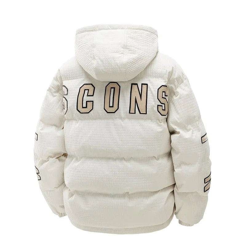 Men's black hooded cotton-padded coat with letter-print detail and side pockets