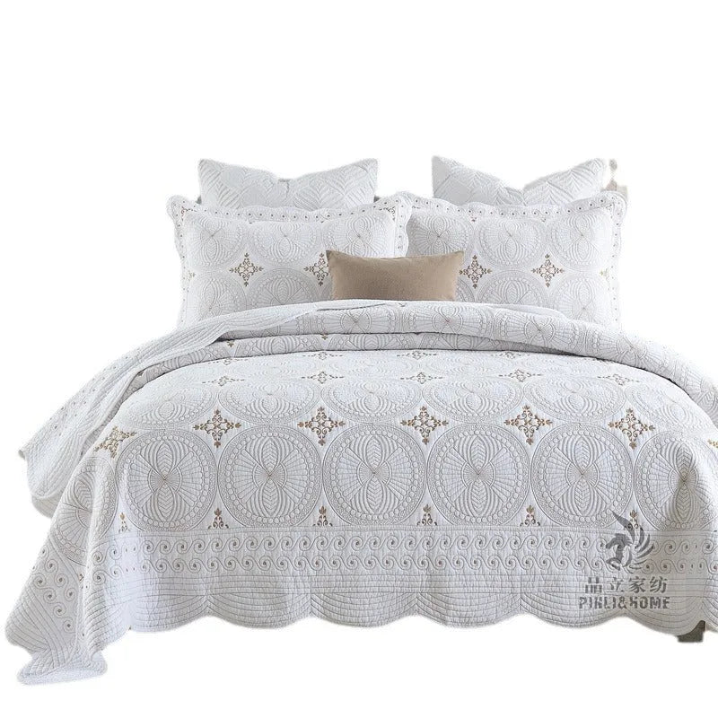 Double-thick pure cotton bed cover set with European-style embroidery for 1.8 metre beds