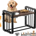 Black wooden dog bowl stand bracket on a floor holding a bowl