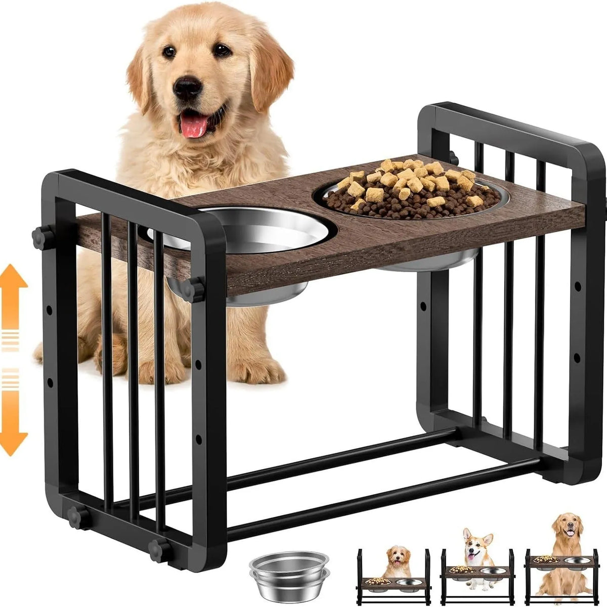 Black wooden dog bowl stand bracket on a floor holding a bowl