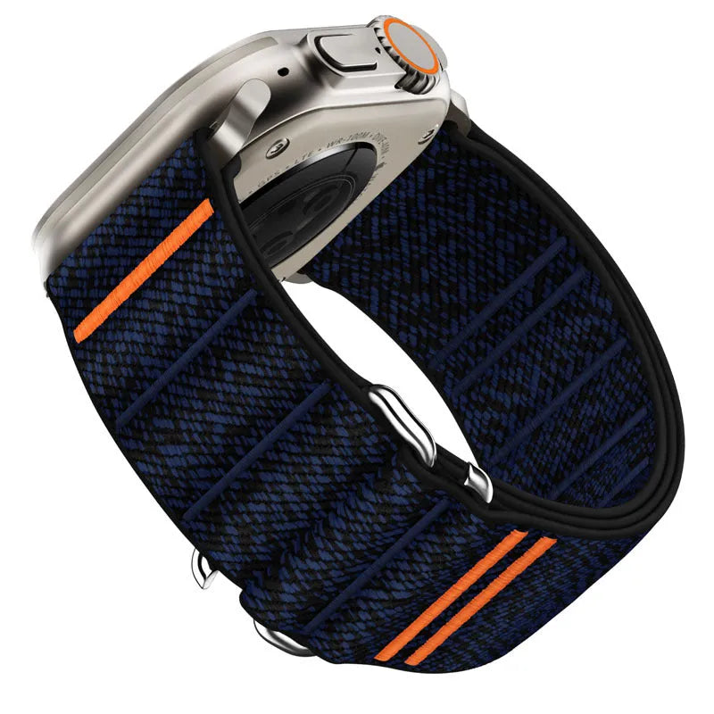 Elastic nylon Apple Watch band with stainless steel buckle in multiple colour options.