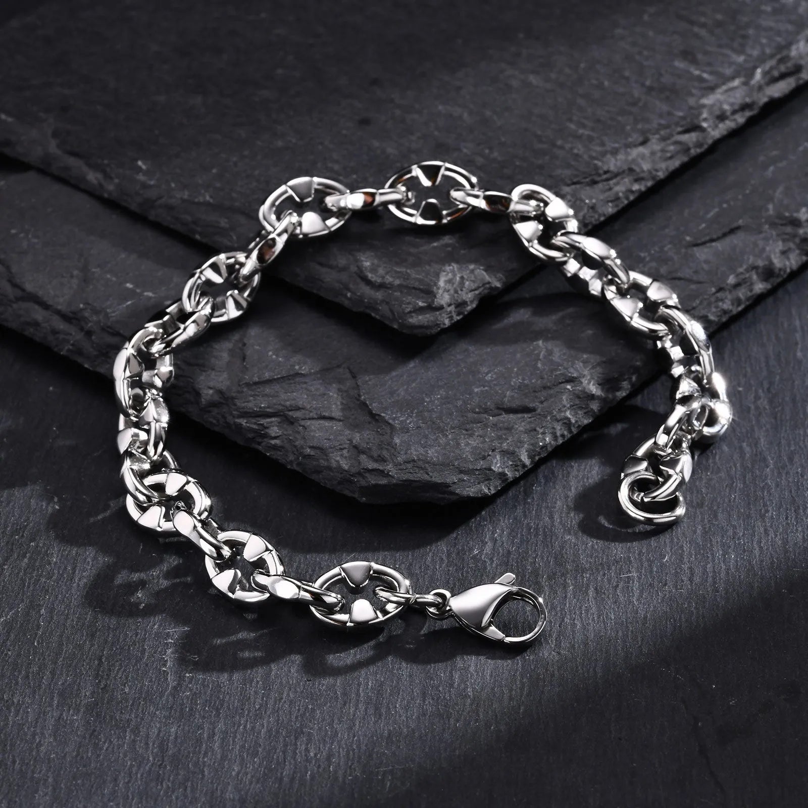 Stainless steel geometric chain bracelet with thick links and hip hop styling