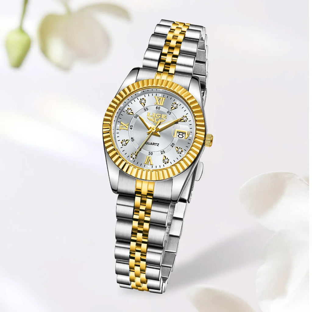 Women's waterproof quartz watch in a two-tone colour option showing 10mm thickness.