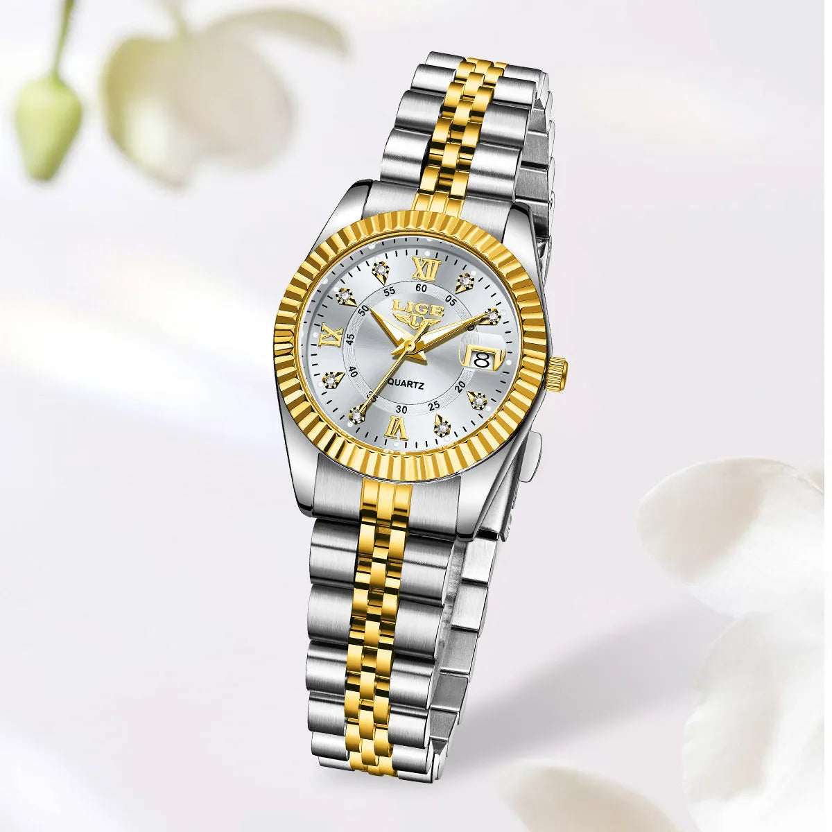 Women's waterproof quartz watch in a two-tone colour option showing 10mm thickness.