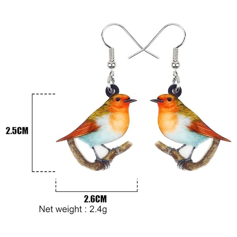 Pair of blue titmouse bird design pendant earrings made from printed acrylic.