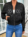 Black women's casual jacket with geometric pattern, semi-transparent fabric, long sleeves, and a front zipper.